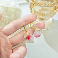 Pink Peach Fruit Gold Leaf Clear Small Huggie Earrings view 1