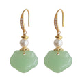 Green Carved Longevity Lock Drop Earrings Gold Pearl view 5