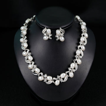 Silver Tone Flower Leaf and Pearl Look Necklace Earring Set