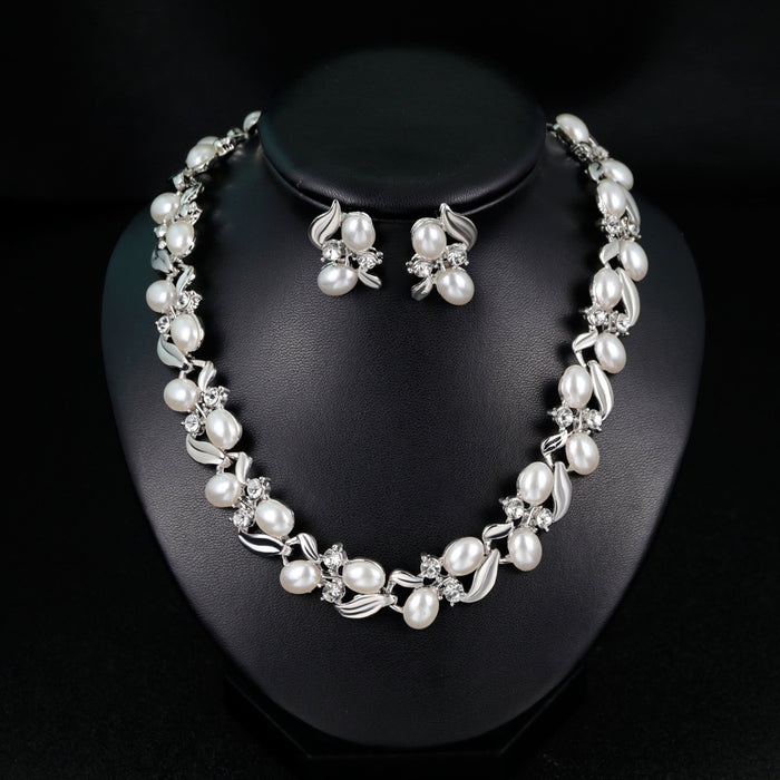 Black Silver Tone Lock Pearl Look Metal Necklace and Earring Set