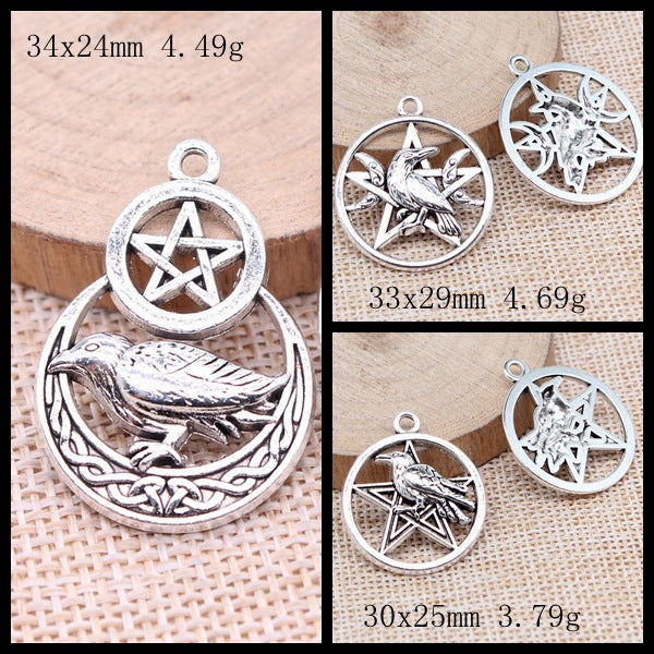 Raven Moon and Pentagram Metal Pendants in Ten Variations