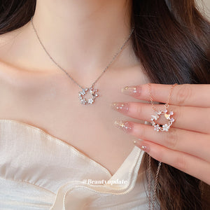 Flower and Butterfly Wreath Necklace, Cubic Zirconia, Rose Gold or Silver Tone