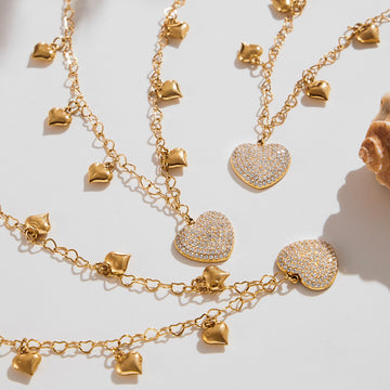 Gold Heart Drop Necklace Pavé Zircon Pendant Charms