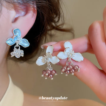 Pastel Flower and Pearl Drop Stud Earrings in Two Colors