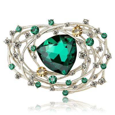 Green center openwork nest crystal brooch front view