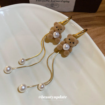 Brown Teddy Bear Pearl Chain Earrings Decorative Jewelry Design