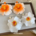 White And Orange Fabric Flower Statement Stud Earrings view 2