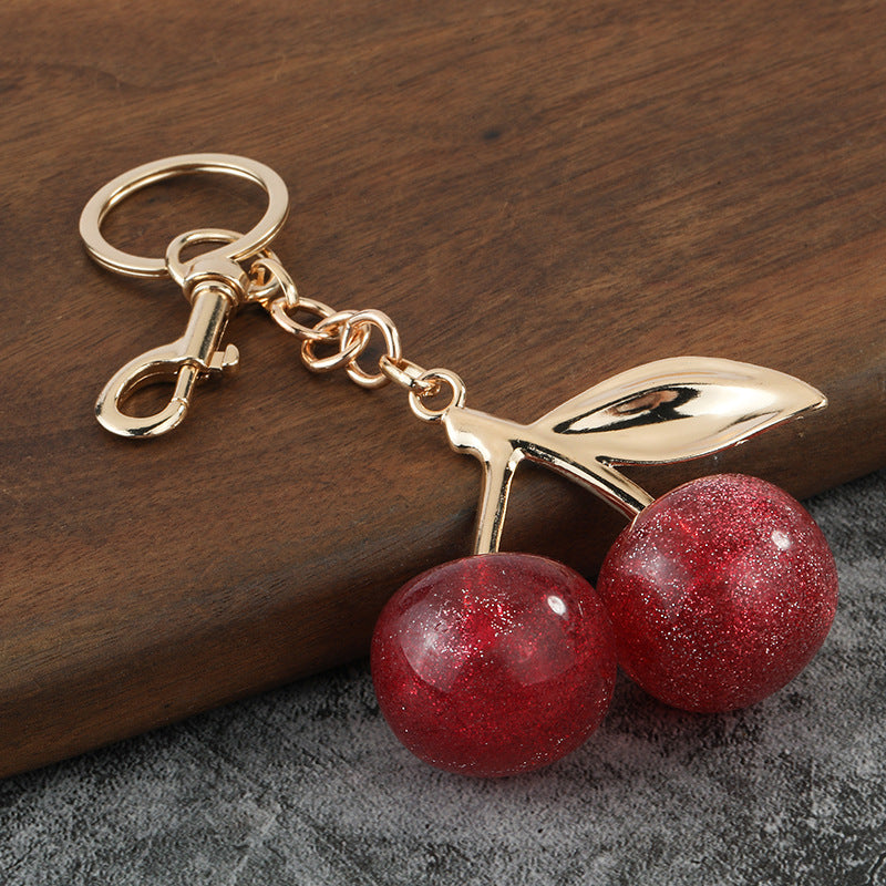 Red Resin Cherry Metal Keychain Shiny Fruit Bag Charm Pendant