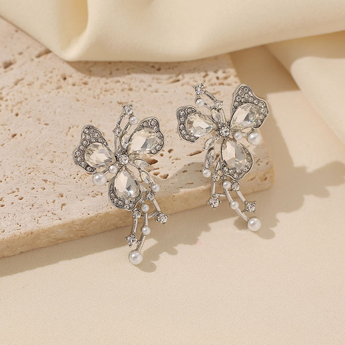 Silver Butterfly Crystal Pearl Drop Earrings Vine Dangles