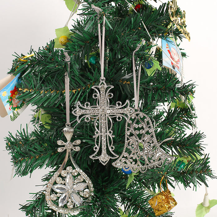 Silver Rhinestone Cross Bell Teardrop Metal Tree Ornaments