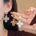 Beige Brown Lilac and Teal Five Petal Flower Drop Earrings view 1