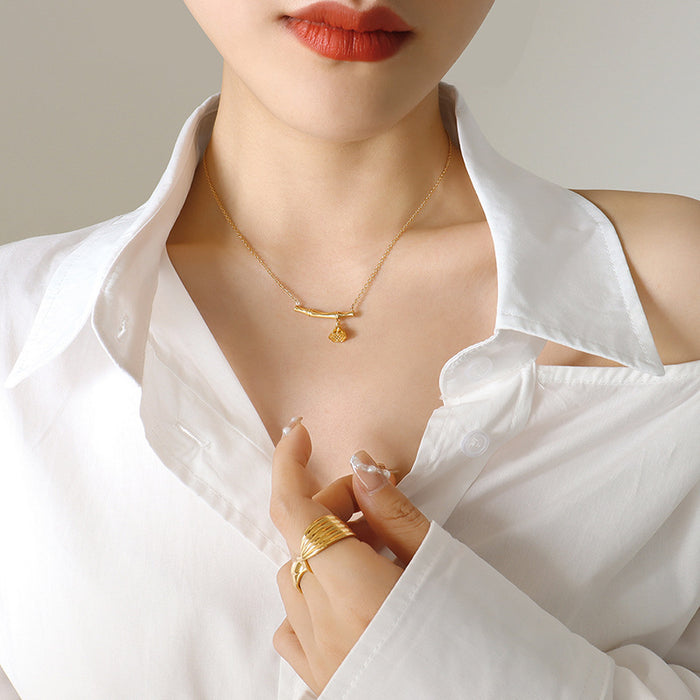 Gold Bamboo Bar Flower Bud Lotus Pod Pendant Necklaces