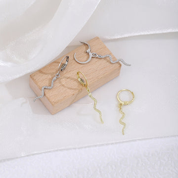 Gold and Silver Tone Wavy Snake Long Dangle Huggie Earrings