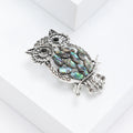 Antique Silver Owl Brooch Abalone Shell Body Black Stones view 2