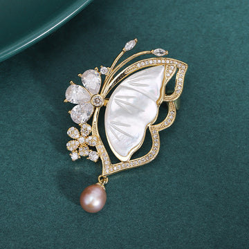 White Shell Butterfly Brooch with Pearl Drop Decorative Clothing Pin