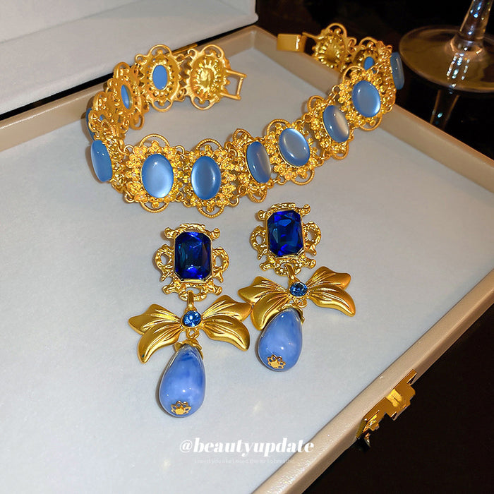 Blue Stone Floral Drop Earrings And Statement Necklace