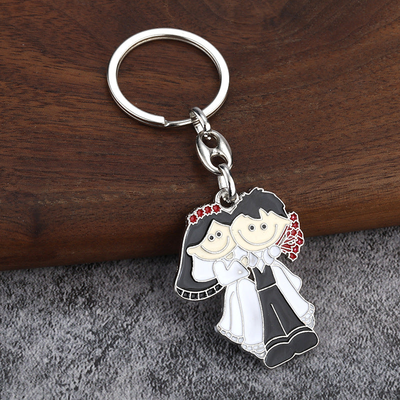 Cartoon Bride and Groom Enamel Metal Couple Keychain Pendant