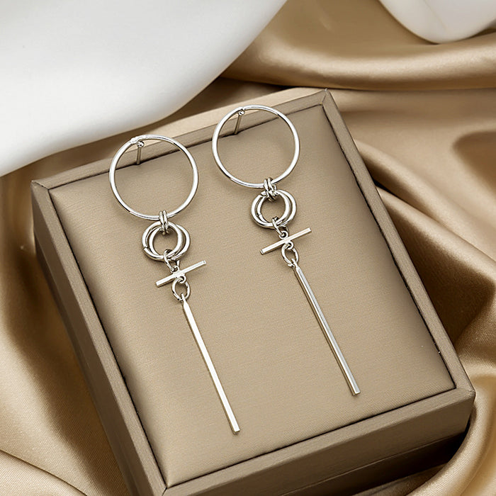 Mismatched Silver Open Circle and Bar Long Hoop Earrings