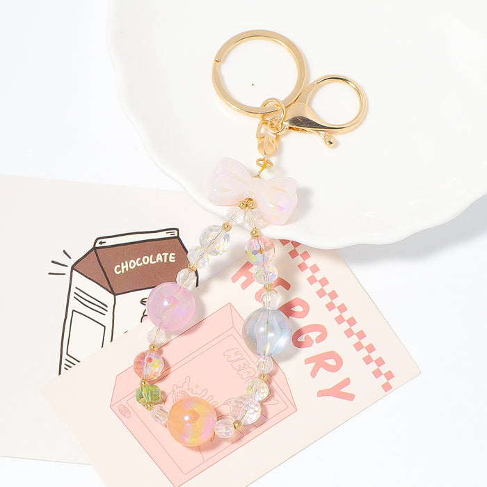 Iridescent Bow Crystal Bead Loop Keychain Gold Clasp Pastel