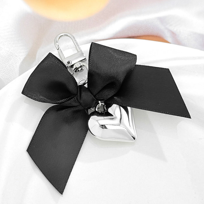 Ribbon Bow Keychain with Glossy Silver-Tone Puffed Heart Charm