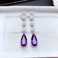 Purple Teardrop Crystal Long Earrings in Silver Tone view 3