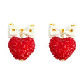White Bow Red Pave Heart Drop Stud Earrings Matching Pair view 5
