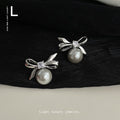 Bow Pearl Stud Earrings Square CZ Gold Silver Tone view 4