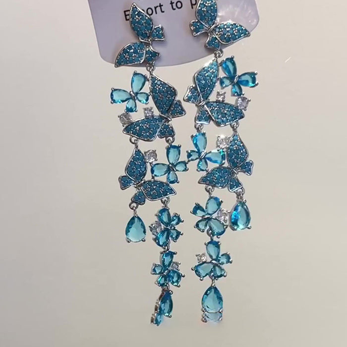 Crystal Butterfly Long Fringe Earrings in Blue and Clear Styles
