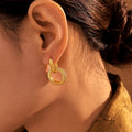 Gold Threaded Double Circle Drop Hoop Earrings Stainless Steel view 4