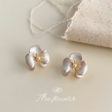 White Pearlized Three-Petal Orchid Flower Stud Earrings
