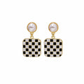Black White Checkerboard Pearl Stud Dangle Earrings 3 Shapes view 1