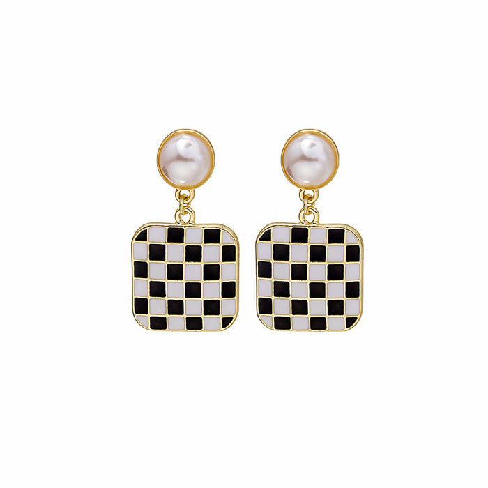 Black White Checkerboard Pearl Stud Dangle Earrings 3 Shapes