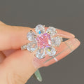 Pink Square Floral Cluster Ring In Polished Silver Tone view 2