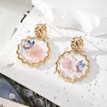 Gold Tone Scalloped Round Pressed Flower Resin Stud Earrings view 9