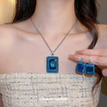 Blue Rectangle Crystal Pendant Necklace Matching Hook Earrings view 3