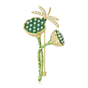 Green Lotus Pod and Dragonfly Brooch With Pearl Beads
