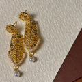 Ornate Gold Tone Filigree Drop Earrings with Pearl Tips view 4