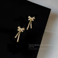 Gold Tone Clear Stone Bow Long Tassel Stud Earrings For Women view 2