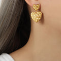 Textured Star Heart Double Drop Earrings Gold Steel Metal view 3