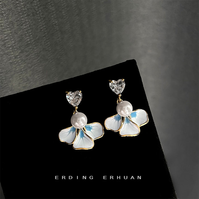 Gold Heart Crystal Pearl Blue Enamel Iris Drop Earrings
