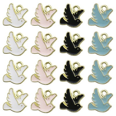 Colorful bird charms arranged on a light background