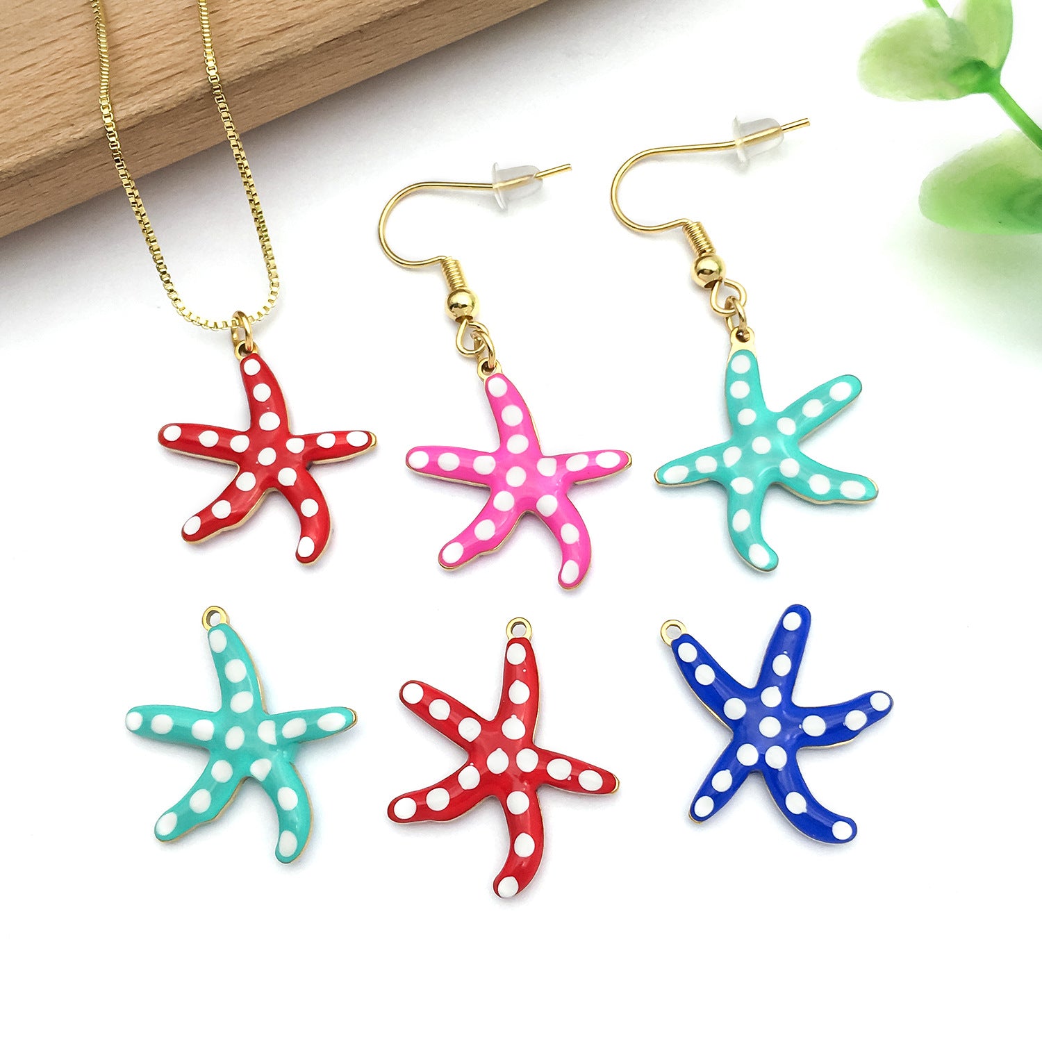 Gold Plated Stainless Steel Polka Dot Starfish Double Sided Charm Pendant for DIY Earrings Necklaces