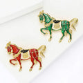 Enamel Horse Brooch Red Green Gold Tone Saddle Metal Pin view 3