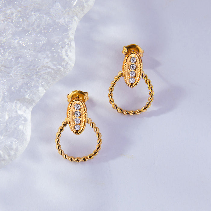 Twisted Rope Drop Stud Earrings With Zircon Gold Or Steel