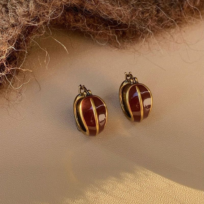 Brown And Gold Gradient Hoop Earrings With Decorative Metal Details
