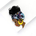 Acrylic Woman Profile Brooch Black Bun Yellow Hoop view 3