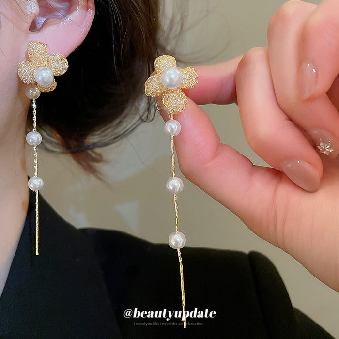 Gold Tone Crystal Flower and Pearl Drop Earrings Decorative Jewelry Pair