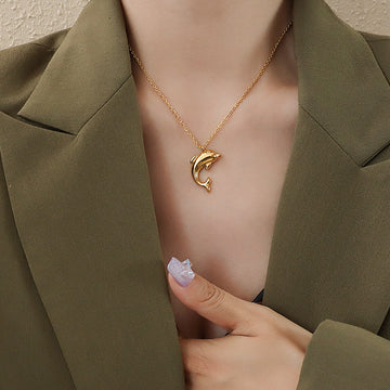 Dolphin Pendant Necklace Cable Chain Gold or Steel Tone