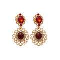 Red Oval Gem and Gold Tone Filigree Drop Stud Earrings view 5