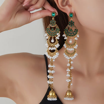 White Green and Red Pearl Look Jhumka Long Earrings